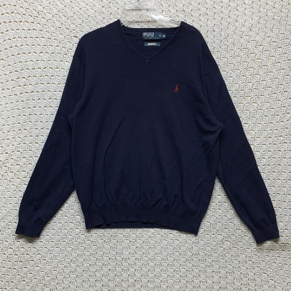 Vtg Polo Ralph‎ Lauren Sweater Mens XL Blue 💯 Pima Cotton V Neck Preppy Hipster